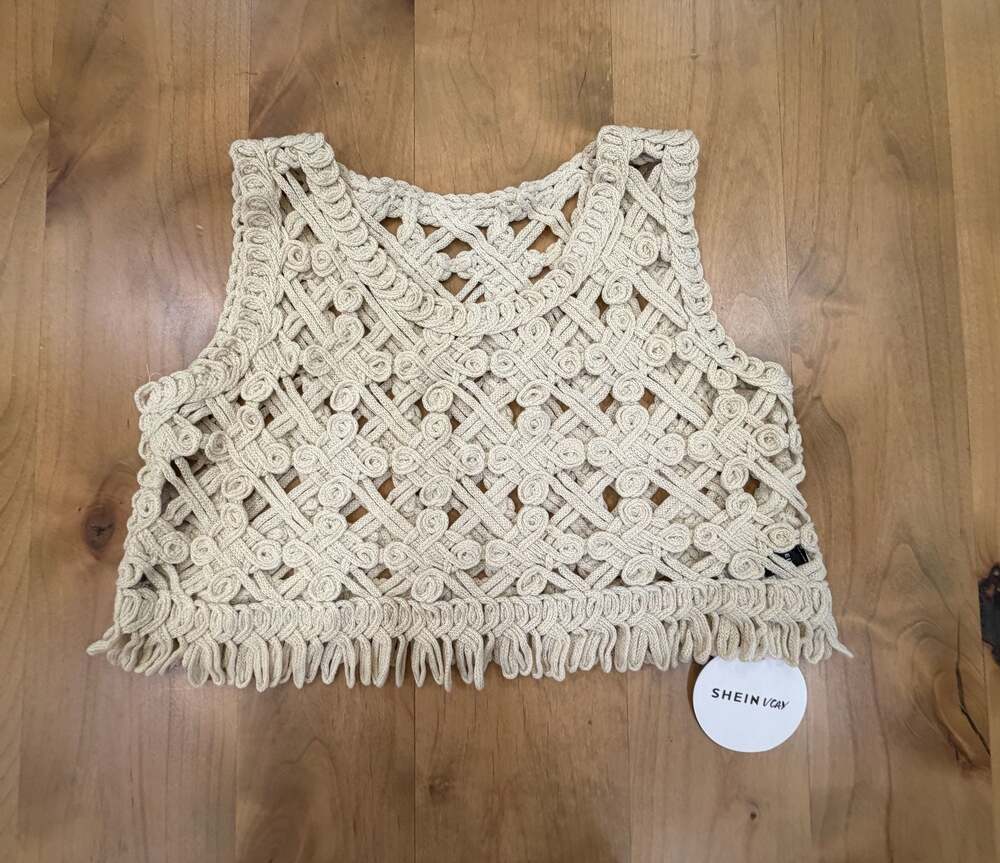 SHEIN VCAY Beige Macrame Crochet Fringe Hem Cropped Tank Top one size